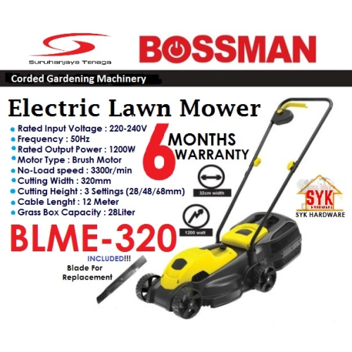 (FREE SHIPPING) BOSSMAN BLME-320 Electric Lawn Mower Mesin Rumput Tolak Electrik 1200W