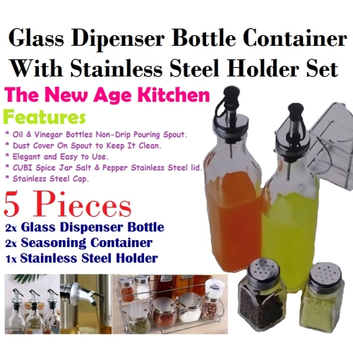 5 In 1 Glass Dipenser Bottle & Seasoning Container With Stainless Steel Holder