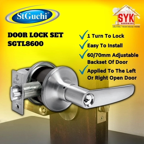 SYK St Guchi Door Lock Handle Set Silver SGTL8600 Cylinder Door Lock Tubular Lever Lock Pintu Rumah Bilik