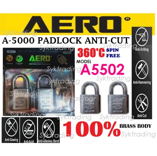 AERO A5502 Padlock Anti-Cut (360'C Spin Free) A-5000 (2Pcs Padlock 4Pcs Key)