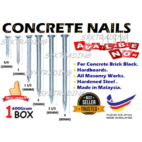 HARDENED STEEL CONCRETE NAILS ( FOR CONCRETE BRICK BLOCKS) / PAKU SIMEN DAN PAKU KONKRIT (1BOX)