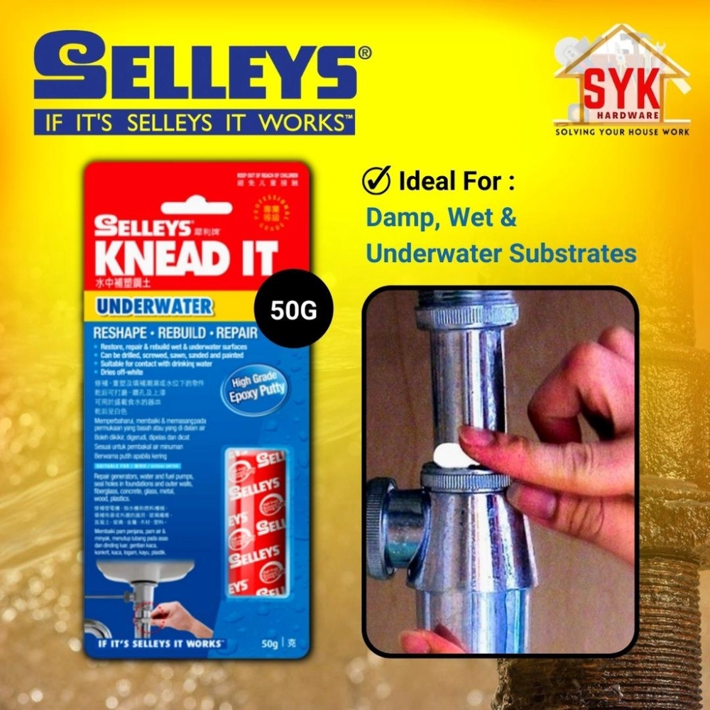 SYK SELLEYS Knead It Underwater 50g Epoxy Putty Filler Multipurpose Repair Water Paip DIY Home Tools Gam Epoxy Paip Air