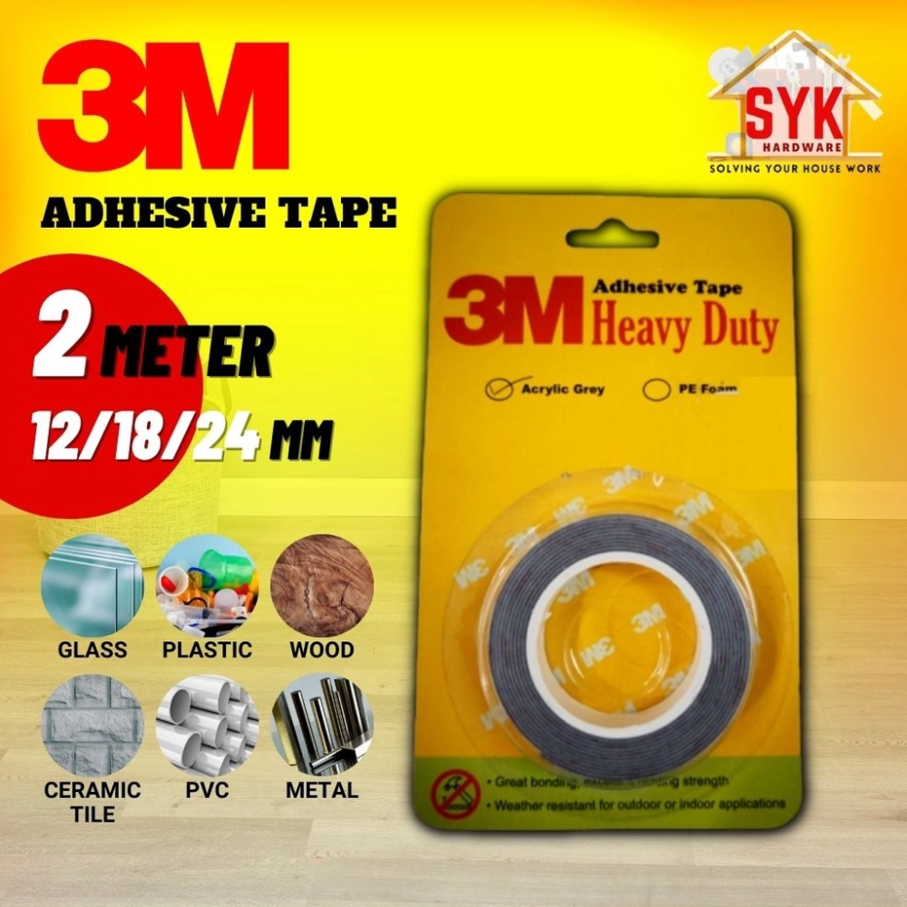 SYK 3M Double Sided Heavy Duty Tape Arcylic Grey (12mm/18mm/24mm x 2meter) Super Strong Adhesive Tape Selotape Kuat