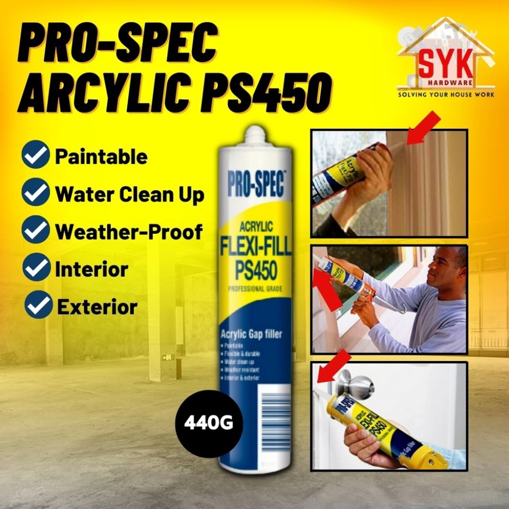 SYK Pro Spec / Bossman Acrylic Flexi Fill Gap Filler Silicone Sealant 440g PS450 & BA280 Construction Tools Wall Filler