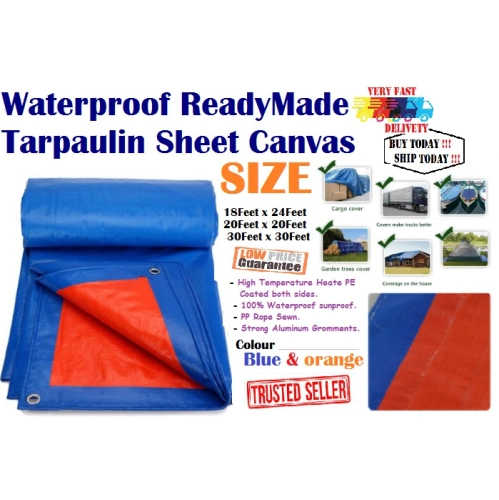 Waterproof Ready Made Tarpaulin Sheet Orange&Blue Canvas( Made In Malaysia) 18'x24' / 20'x20' / 30'x30'