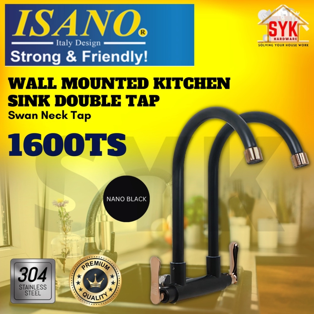 SYK ISANO 1600TS Swan Neck Tap Wall Mounted Nano Black Kitchen Sink Double Tap Paip Sinki Dapur Paip Dapur