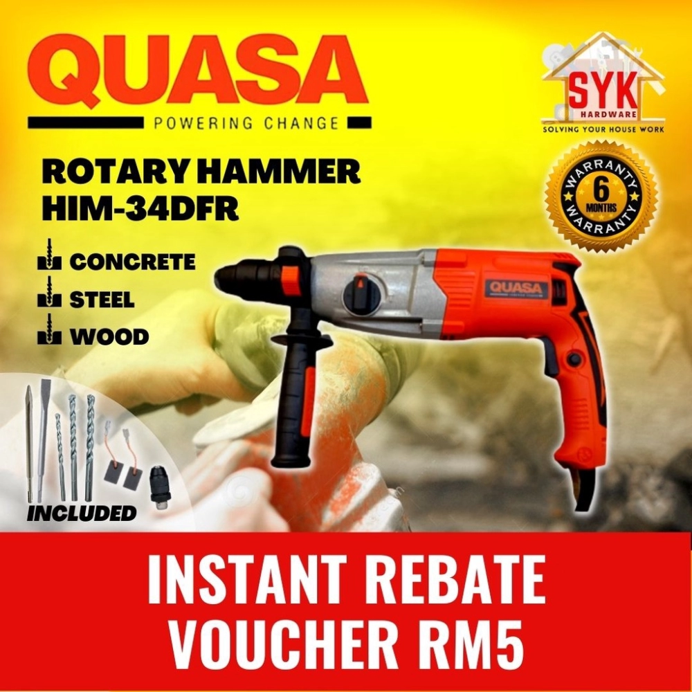 SYK Quasa HIM-34DFR Rotary Hammer Drill (3 Mode)Drill Besi , Kayu Dan Pecah Batu H/Duty Mesin Drill Tumbuk Dinding 1150W