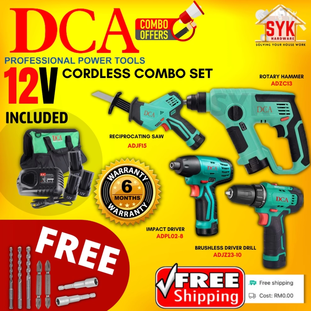 SYK DCA 12V Cordless Combo Set ADJZ23-10 Driver +ADPL02-8 Impact Driver +ADJF15 +ADZC13 Rotary Hammer + FREE GIFT