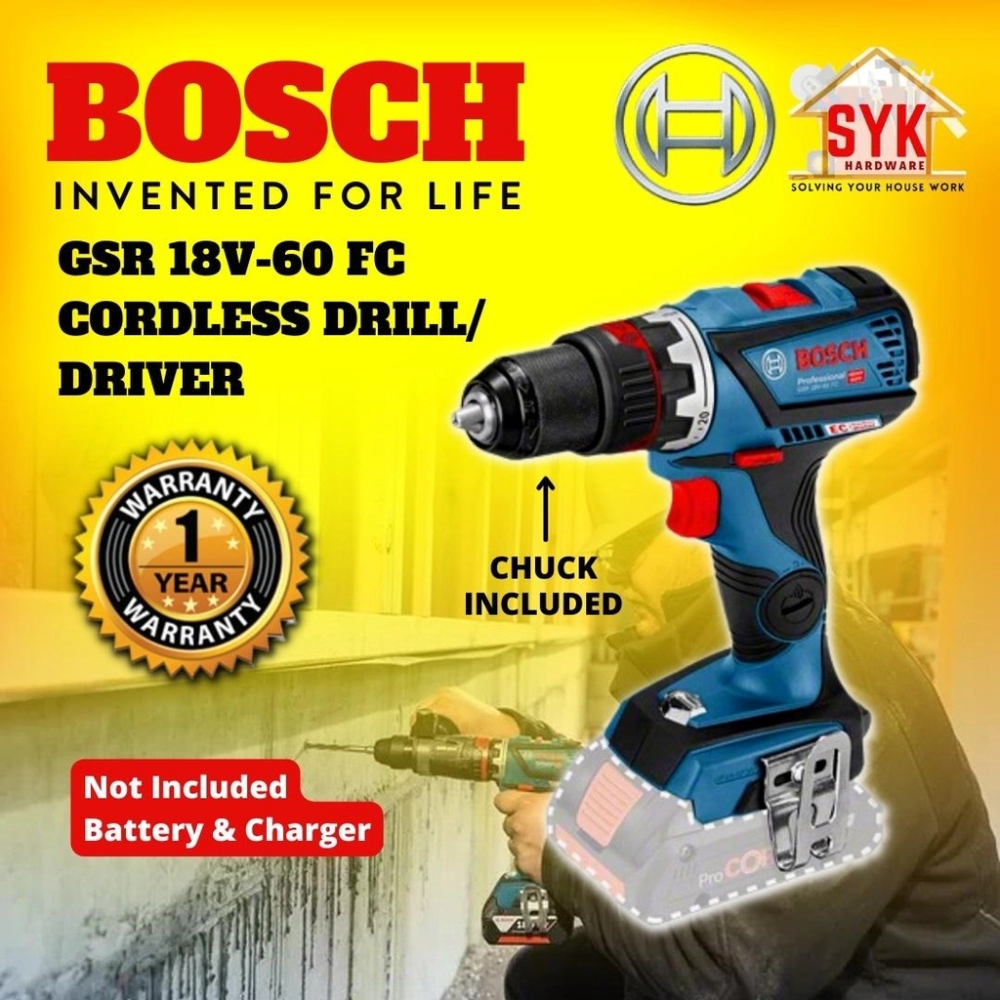 SYK BOSCH GSR 18V-60 FC Cordless Drill Driver Power Tools Hand Drill Bosch Drill Battery Bosch Mesin Drill - 06019G71L0