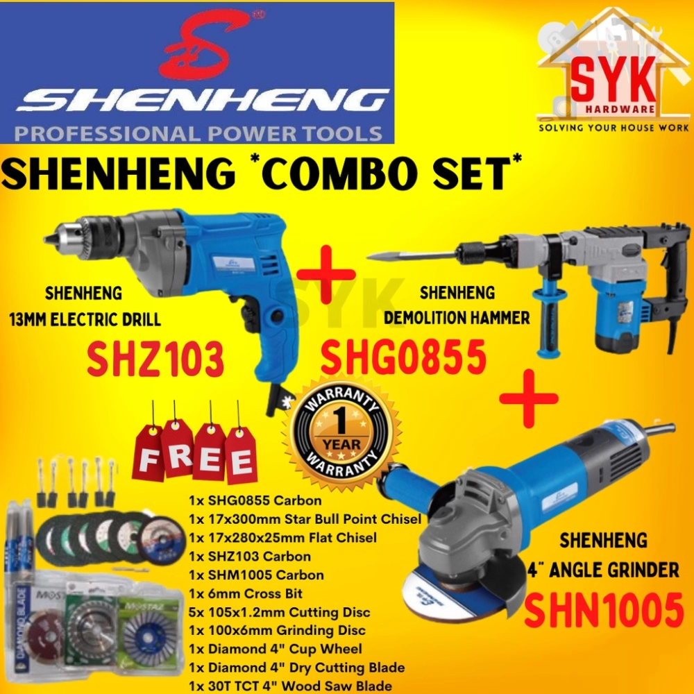 SYK SHENHENG *COMBO SET* Demolition Hammer SHG0855 + Electric Drill SHZ103 + Angle Grinder SHM1005 ( FREE GIFT )