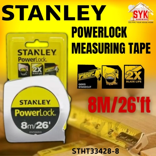 SYK Stanley STHT33428-8 (25mm) Power Lock Measuring Tape Ruler Chrome Plated (TRU-SERO HOOK) Pita Pengukur Power Lock