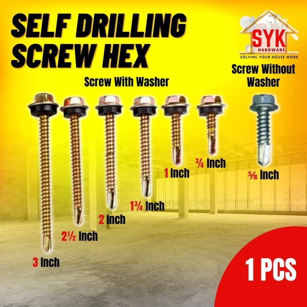 SYK Self Drilling Screw Hex (1Pcs) With Screw Washer & Without Washer Hex Screw Home Diy Tools Skru Washer