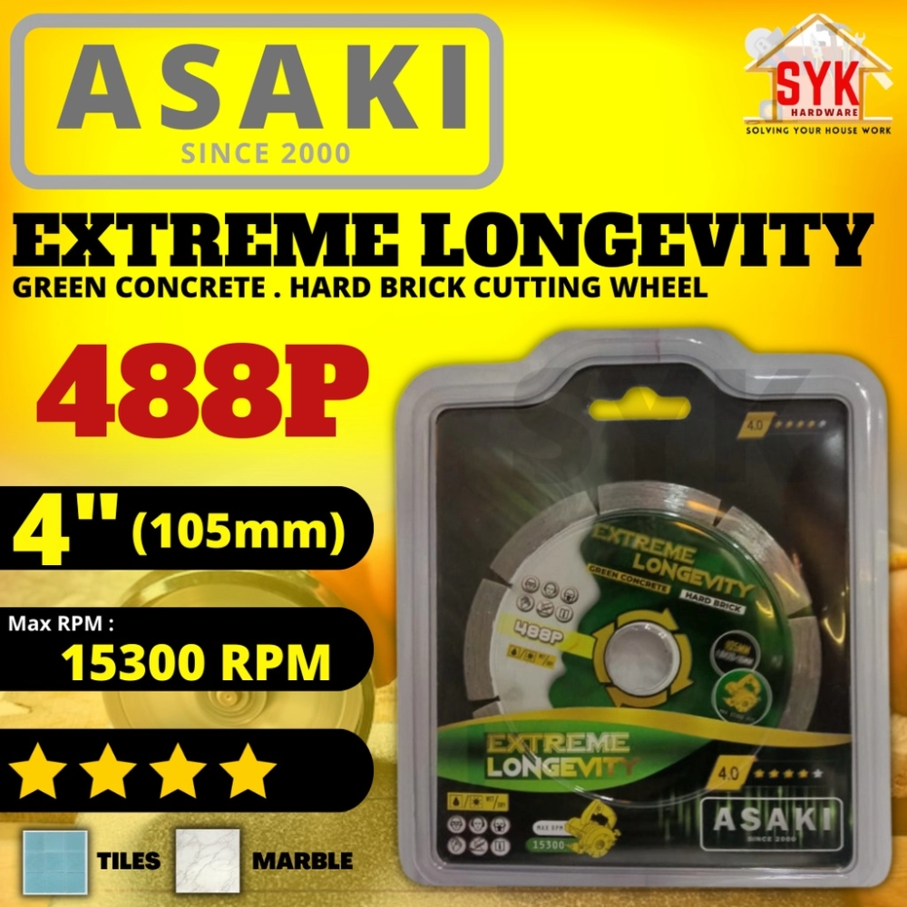 SYK ASAKI 488P 4" (105mm) Extreme Longevity Green Concrete Hard Brick Cutting Wheel Disc Cakera Pemotong Marble Tiles