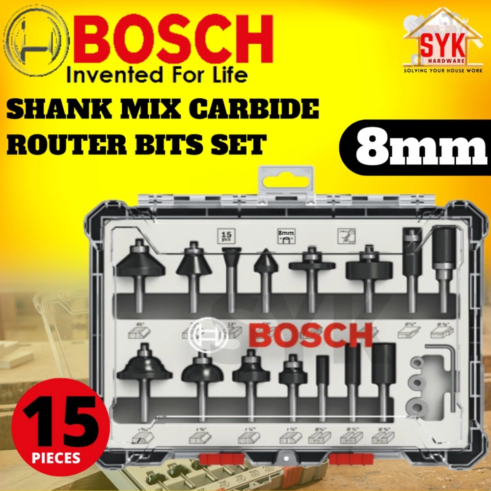 SYK Bosch 15pcs 8mm Shank Mixed Carbide Router Bit Sets Shank Trimmer Wood  Trimmer Bit Sets (2607017472) Home & Livings Negeri Sembilan, Malaysia  Supplier, Seller, Provider, Authorized Dealer | JUN SENG TRADING