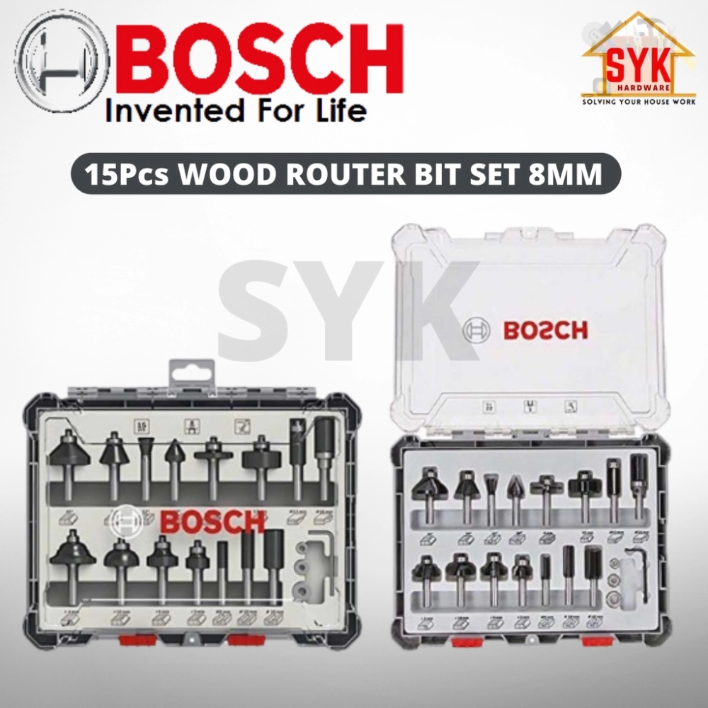 SYK Bosch 15pcs 8mm Shank Mixed Carbide Router Bit Sets Shank