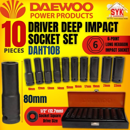 SYK DAEWOO DAHT10B 1/2" Box Impact Socket Long Set Box Socket Set Wrench Set Tools Set Driver Spanner Opener (10 Pcs)