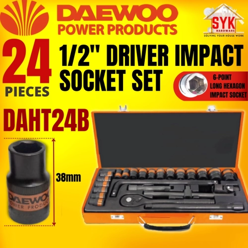 SYK DAEWOO DAHT24B 1/2" Driver Impact Socket Set Soket Box Impak Buka Nut Tayar Chrome Vanadium Socket (24Pieces)