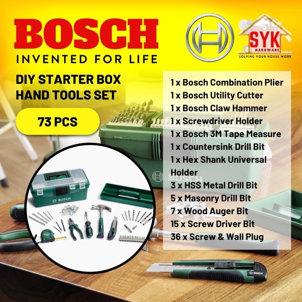 SYK BOSCH 73Pcs DIY Starter Tools Set With Tools Box Home Diy Tools Accessories Tool Kit Set Hand Tools Set - 2607011660