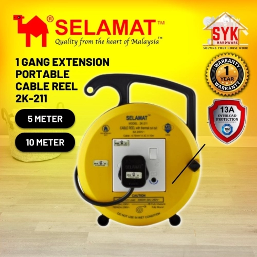 SYK SELAMAT 2K-211 1 Gang 5/10 Meter Portable Extension Cable Reel Plug Wire Heavy Duty Extension Cord Penyambung Wayar