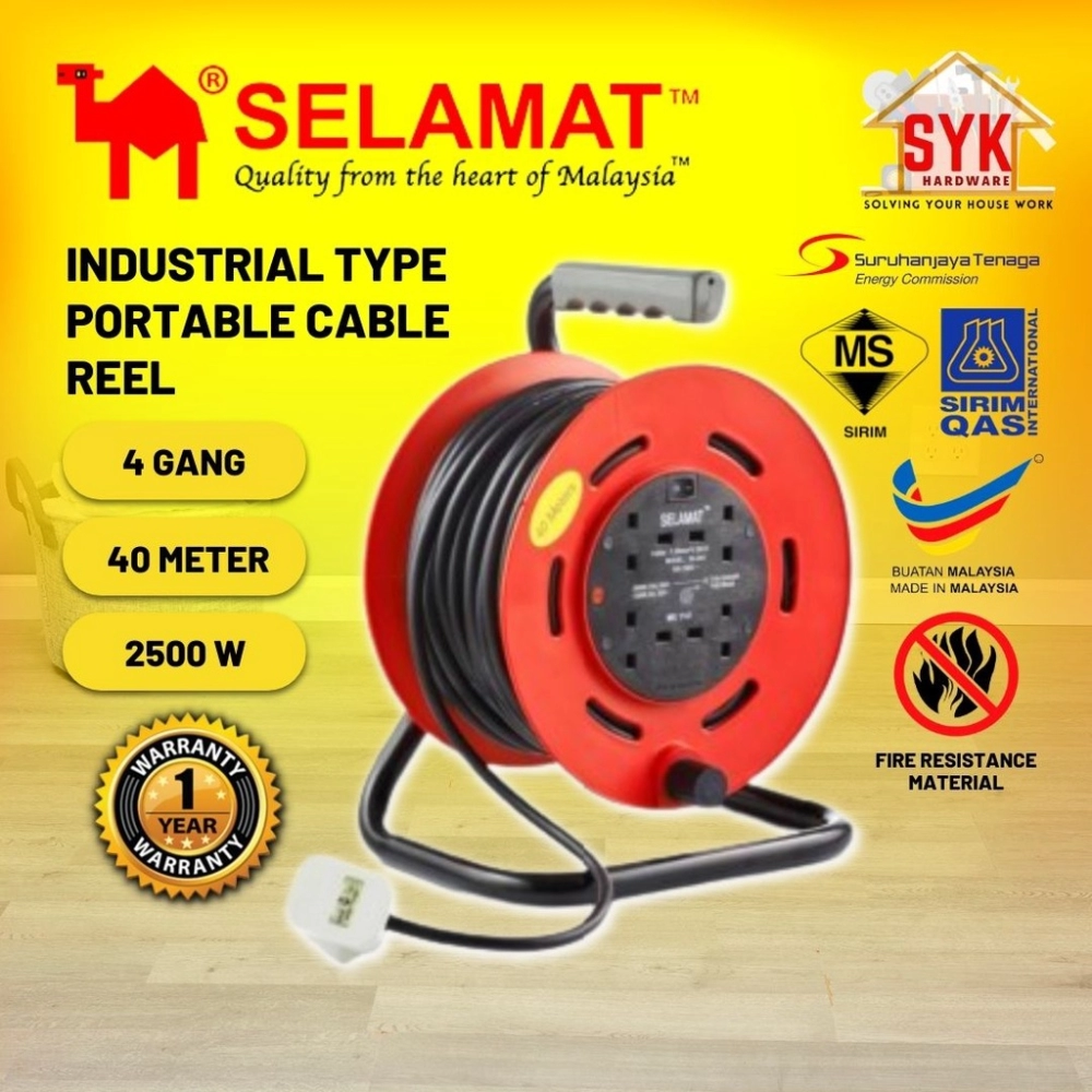 SYK SELAMAT 4 Gang 40 Meter Portable Extension Cable Reel Plug