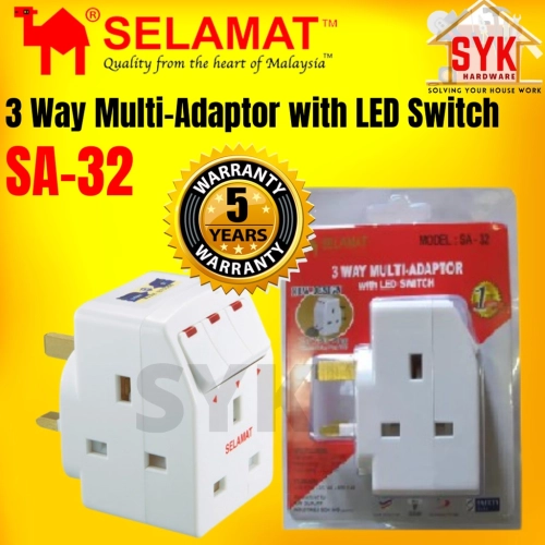 SYK Selamat SA-32 (SIRIM) 3Way Multi-Adaptor With LED Switch & 13A Fuse 3 Way Adapter Plug Kepala Plug Socket