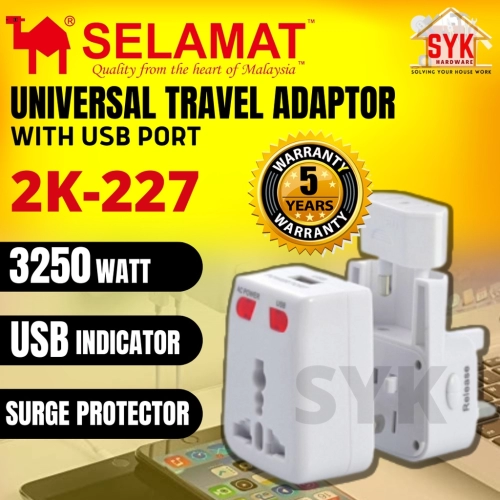 SYK Selamat 2K-227 Surge Protector 5 Way Universal Travel Adaptor With USB Port Indicator USB US UK EU AU Port Adaptor
