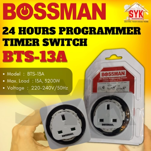 SYK BOSSMAN BTS-13A 13A 3200W 24 Hours Programme Square Timer Switch Plug 3-Pin Plug Adapter 24 Jam Suis Pemasa