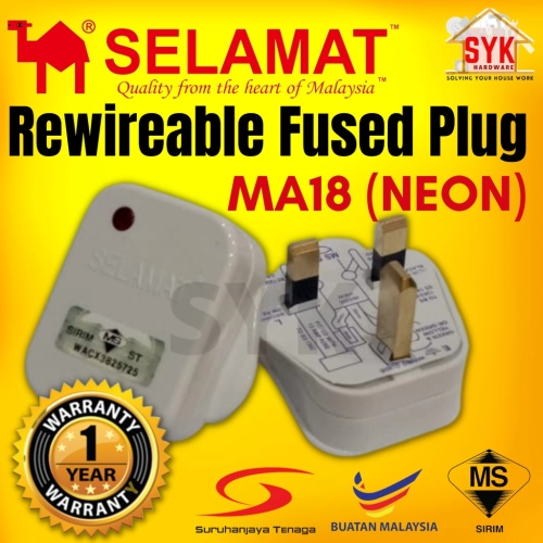 SYK SELAMAT MA18 Neon Standard 1 Gang 3 Pin Plug Rewireable Fused Plug Top 13A 250V Kepala Plug Elektrik Neon [SIRIM]