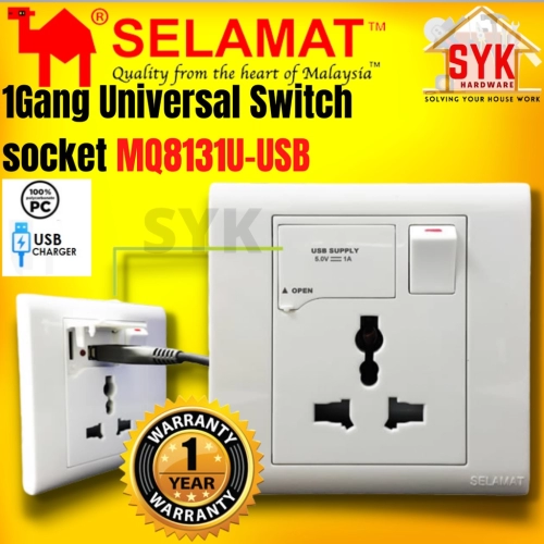SYK Selamat MQ8131U-USB 1Gang Universal Switch Socket with USB Charging Port Wall Plug USB Plug Socket Plug Socket