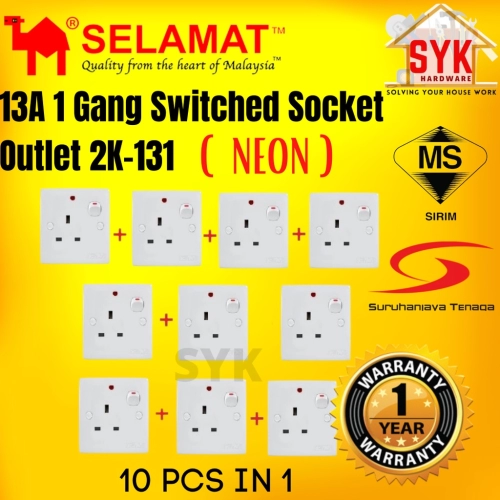 SYK SELAMAT 2K-131 (Neon) 13A Switch Socket 1 Gang Switch Wall Socket Wall Switch Wall Plug Socket Soket Plug - 10 in 1