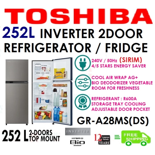 Toshiba 252L INVERTER 2DOOR REFRIGERATOR / FRIDGE / PETI SEJUK 252L GR-A28MS(DS)