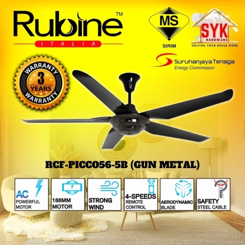 SYK Rubine Ceiling Fan Remote Control Kipas Siling 56" RCF-PICCO56-5B-GM 4 Speed Kipas Ceiling Strong Wind Gun Metal