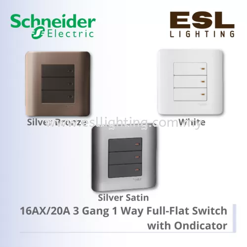 SCHNEIDER ZENcelo Series 16AX/20A 3 Gang 1 Way Full-Flat Switch with Ondicator E8433/1 WE  