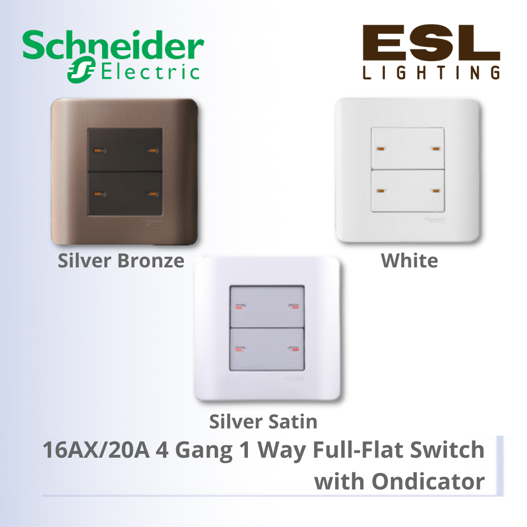 [DISCONTINUE] SCHNEIDER ZENcelo Series 16AX/20A 4 Gang 1 Way Full-Flat Switch with Ondicator E8434/1 WE