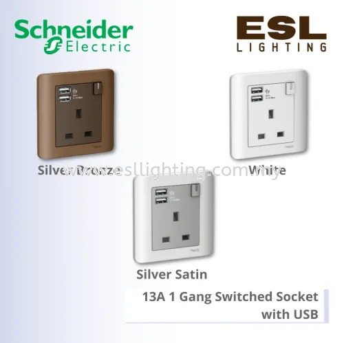 SCHNEIDER ZENcelo Series 13A 1 Gang Switched Socket with USB E8415USB_WE_G11