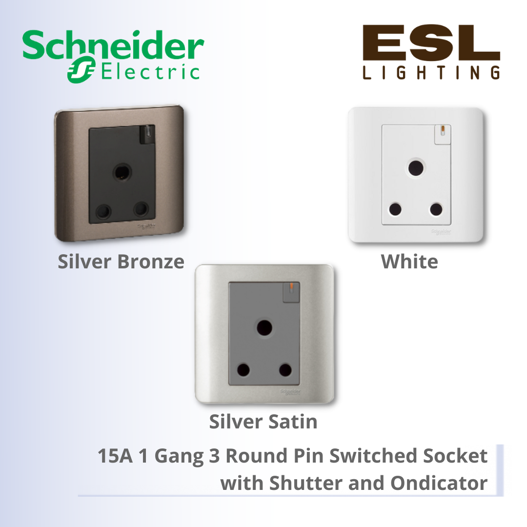 [DISCONTINUE] SCHNEIDER ZENcelo Series 15A 1 Gang 3 Round Pin Switched Socket with Shutter and Ondicator E8415/15