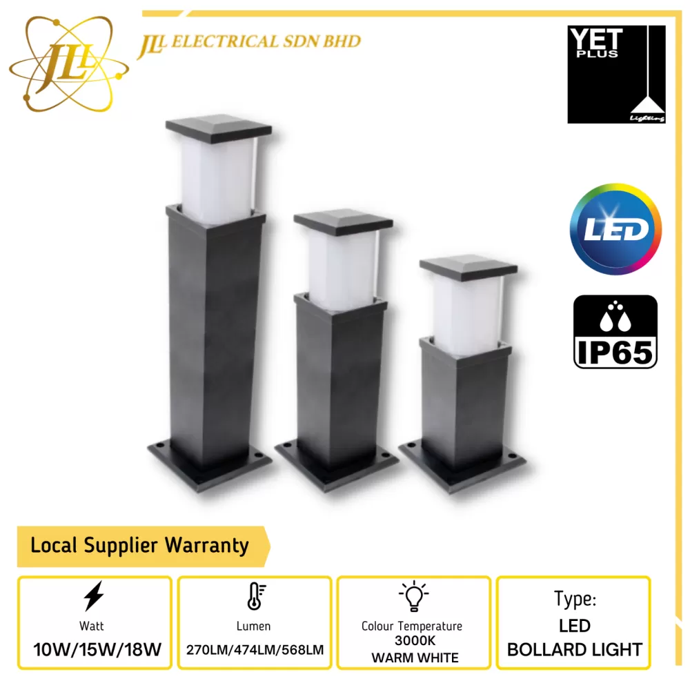 YET OUTDOOR SERIES P8002 3000K WARM WHITE IP65 BLACK LED BOLLARD LIGHT [10W/15W/18W] [H20/H40/H60]