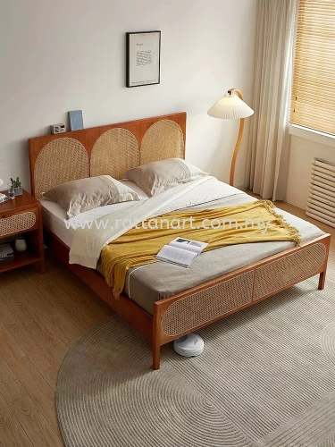 WOODEN BED FRAME WITH RATTAN NETTING
