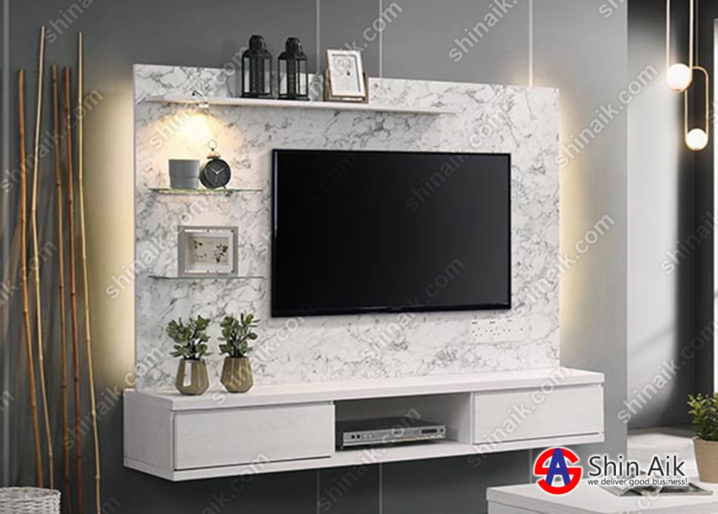 HTV07M (6'ft) White Marble & White Pine Two-Tone Feature Wall-Mounted TV Cabinet