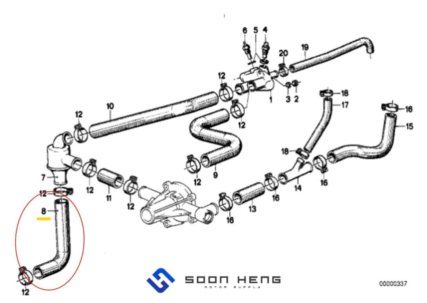 BMW E21 and E12 with Engine M10 - Thermostat Hose (HUTCHINSON)