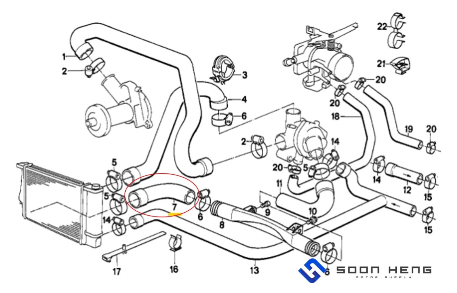 BMW E34 with Engine M20 - Radiator Hose (Bottom) (LEMFORDER)