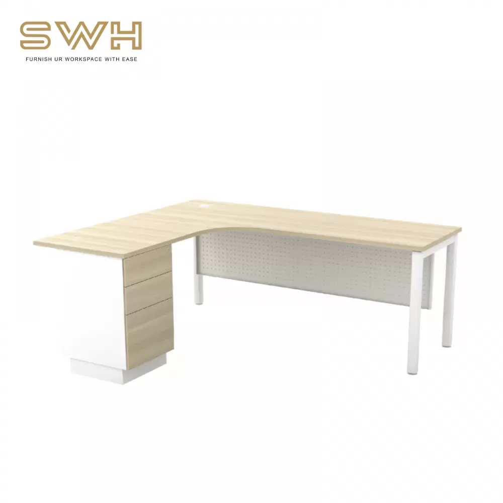 L-Shape Executive Table With Aluminium Front Panel and Drawer | Office Table Penang