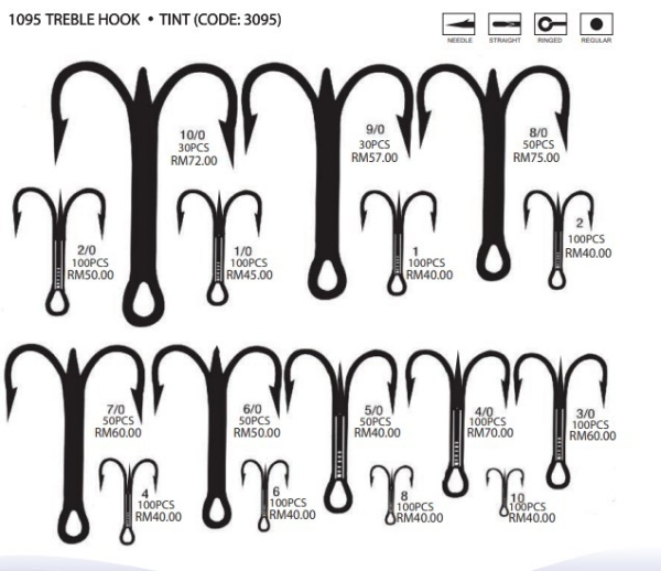 1095 TREBLE HOOK (TINT) 3095 Double Hook Fishing Hook Penang, Malaysia, Bukit Mertajam Supplier, Importer, Supply, Supplies | Oceantac Sdn Bhd