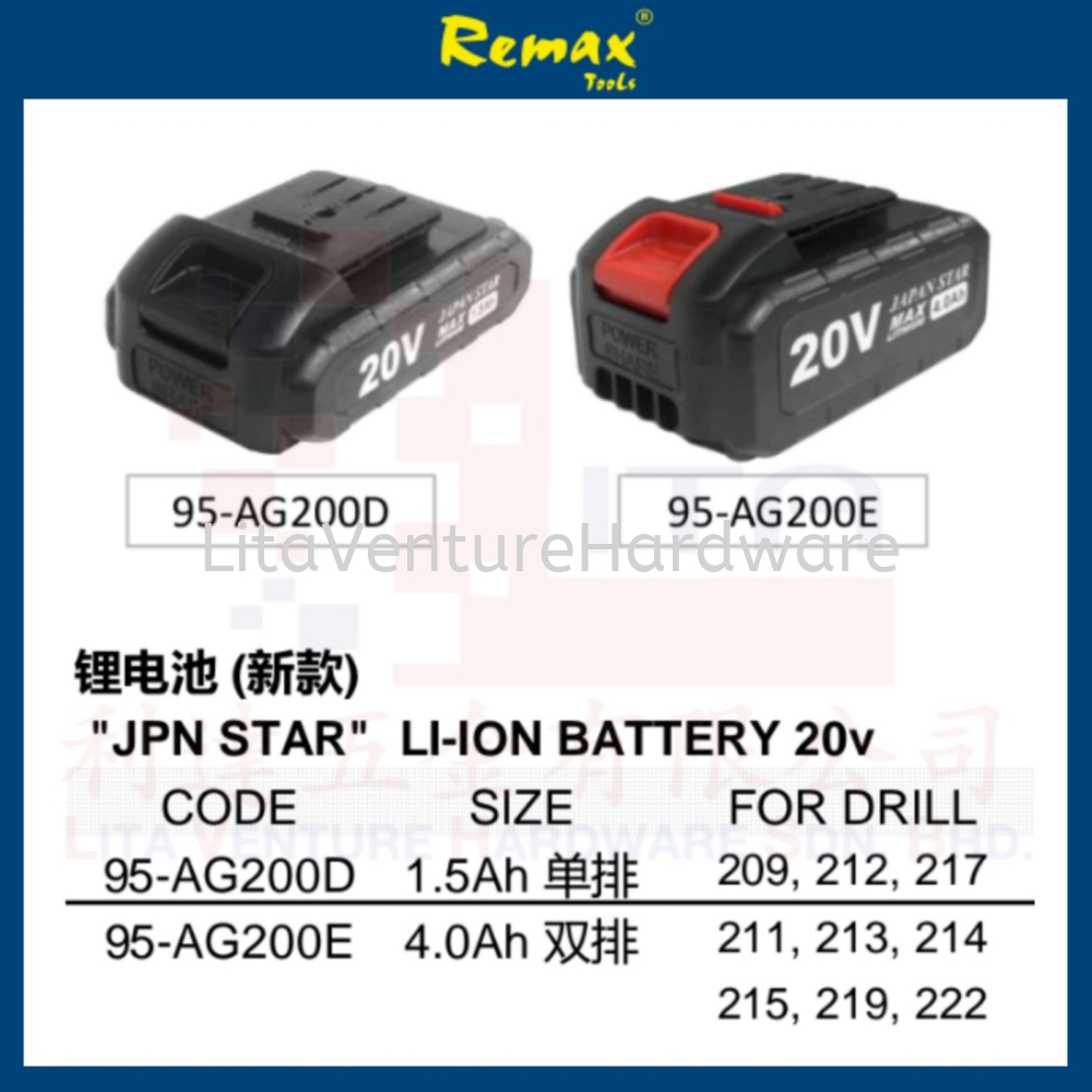 REMAX BRAND JPN STAR LI-ION BATTERY 20V 95AG200D 95AG200E