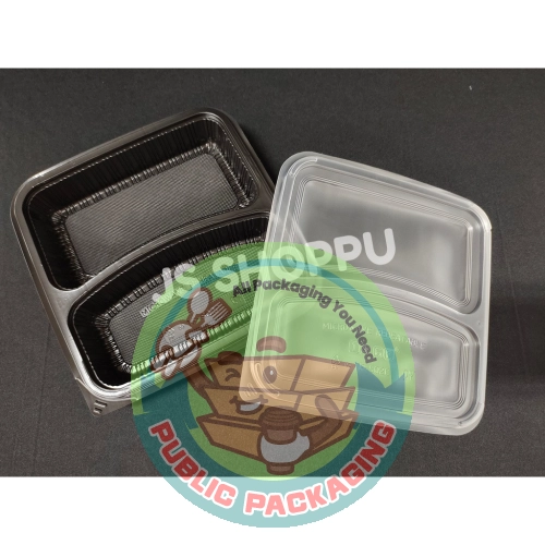 TAGE TFSQ2C 2 Compartment PP Lunch Box with Lid (50pcs卤) Disposable Plastic Food Box - Bento Box - (Black)