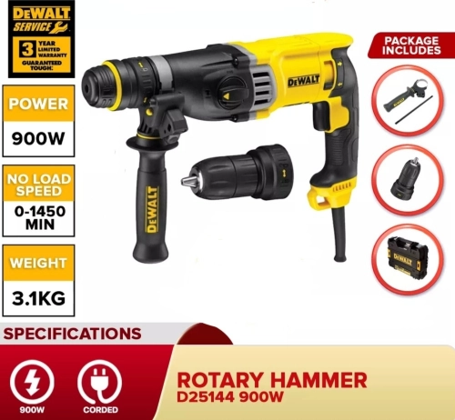 DEWALT 28mm 3 Function Rotary Hammer SDS Plus 900w D25144K with Quick Change 13mm Keyless Chuck