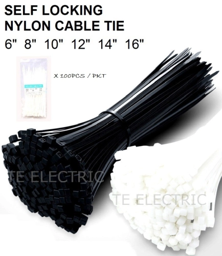 (100PCS) 6" / 8" / 10" / 12" / 14" / 16" NYLON CABLE TIE SELF LOCKING INCH HEAVY DUTY TIE NYLON 66 (BLACK / WHITE)