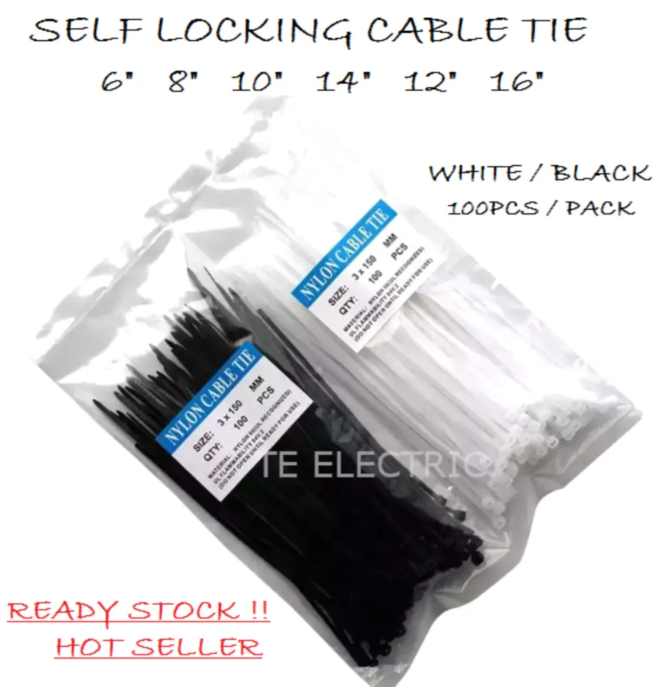 (100PCS) 6" / 8" / 10" / 12" / 14" / 16" NYLON CABLE TIE SELF LOCKING INCH HEAVY DUTY TIE NYLON 66 (BLACK / WHITE)