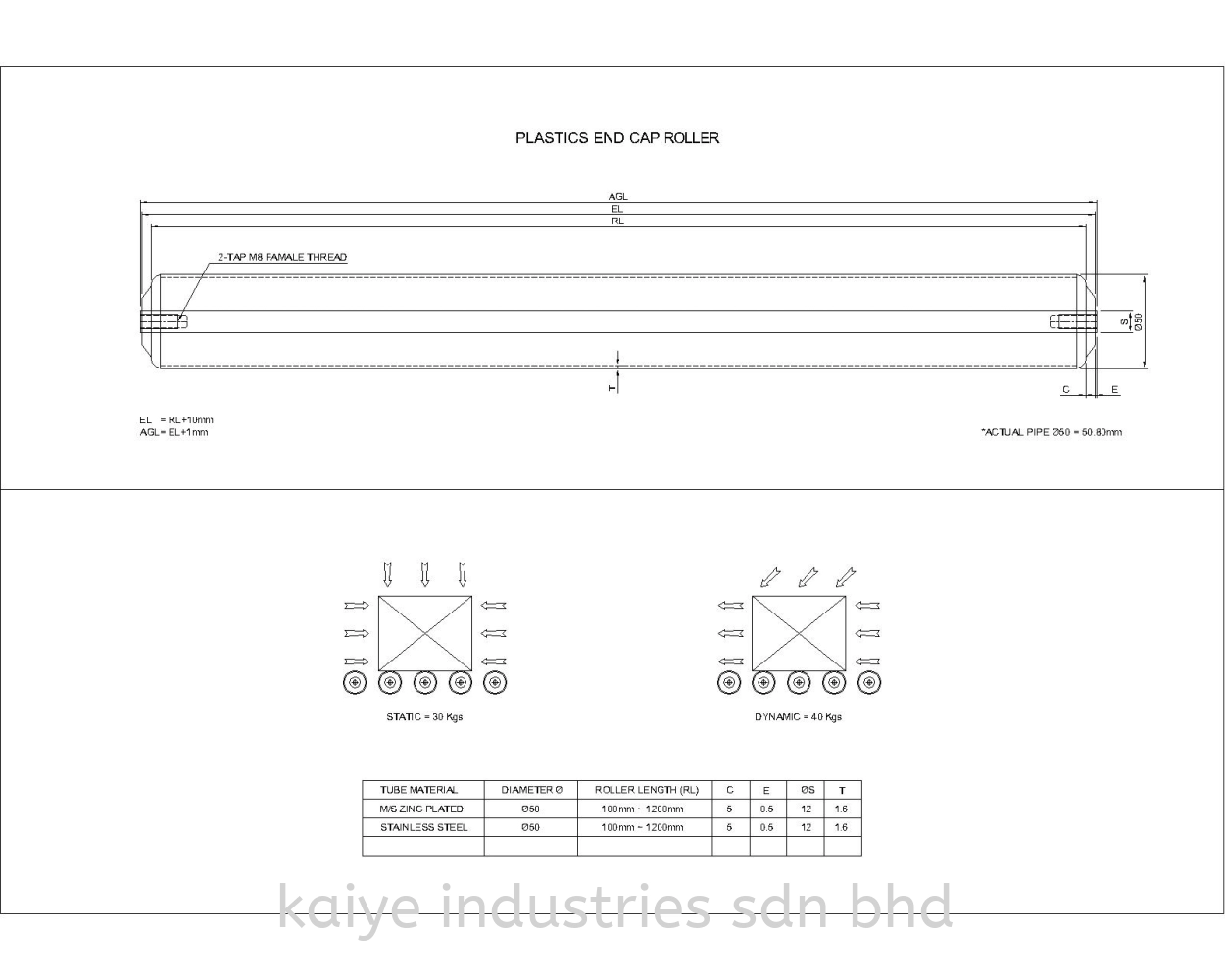 Gravity Roller c/w Female Thread 50mm