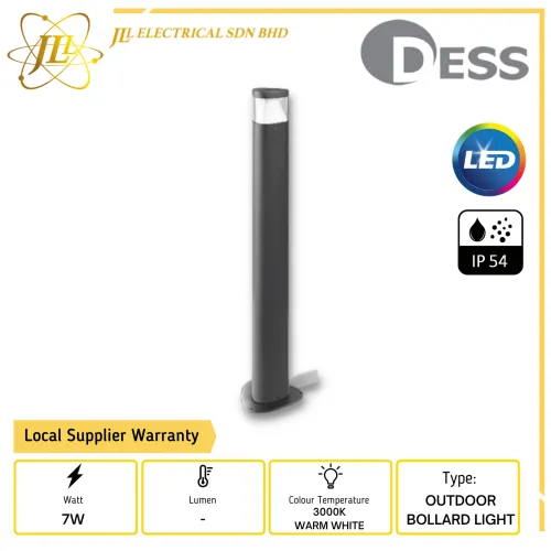 DESS GLESP-GL13703 7W IP54 3000K WARM WHITE DARK GREY OUTDOOR BOLLARD LIGHT